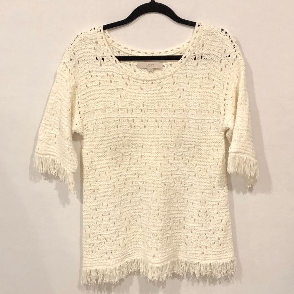 Loft Cream Frayed & Distressed Sweater Top
